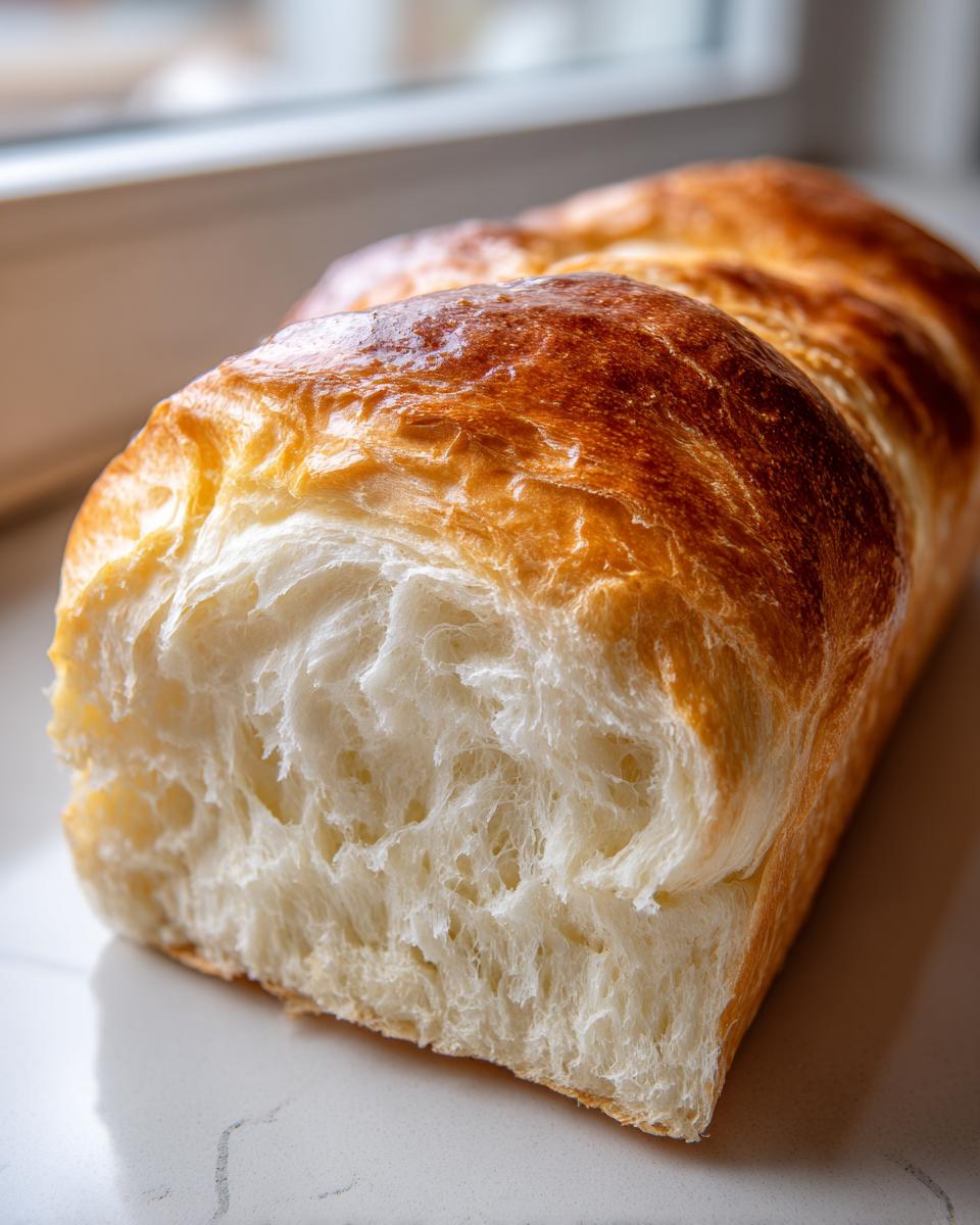 A close-up view showing the incredibly soft, fluffy interior crumb of a freshly baked loaf of japanese milk bread.