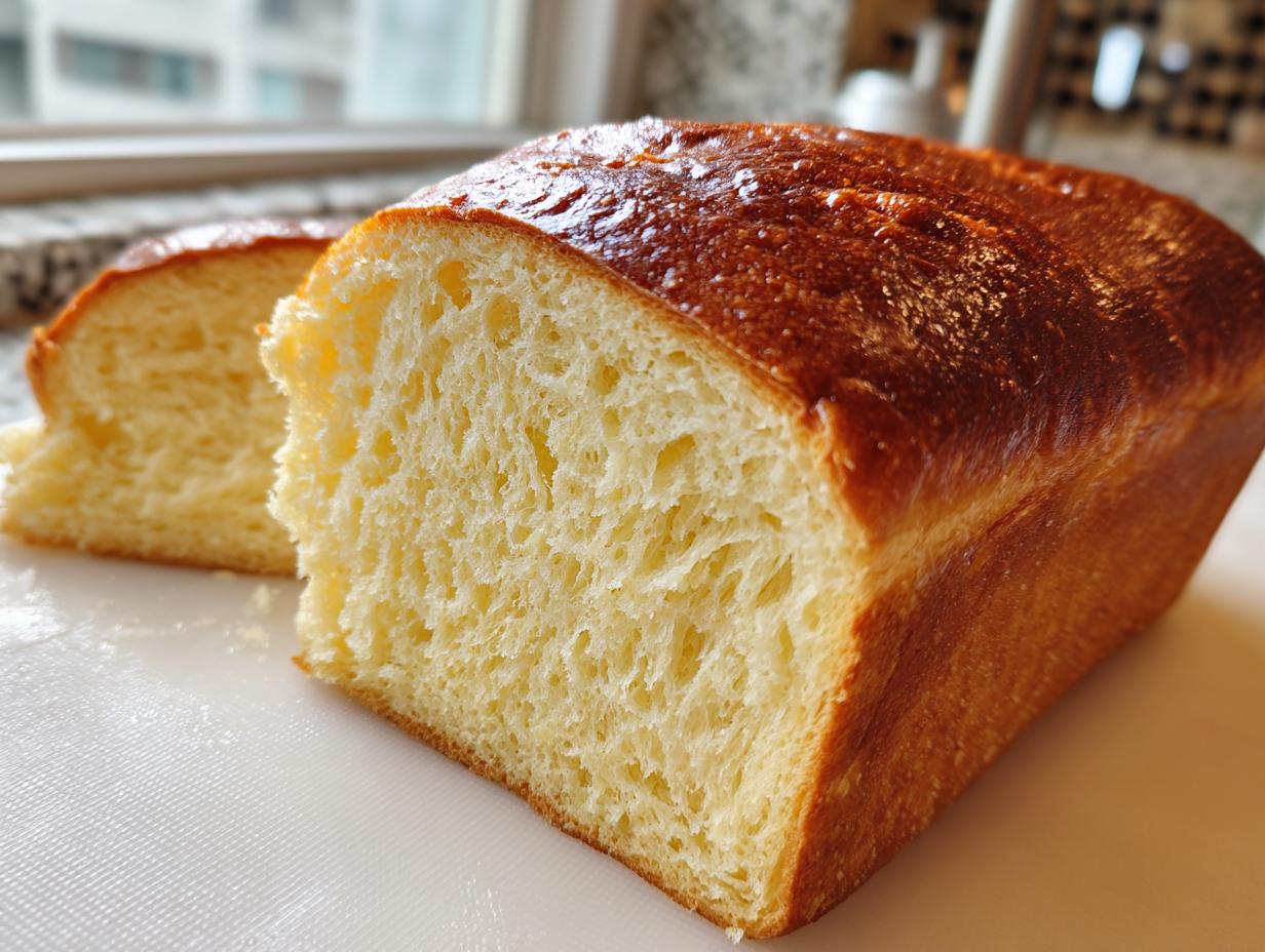 A freshly baked loaf of Japanese milk bread, sliced to show its incredibly soft, fluffy interior and golden-brown crust.