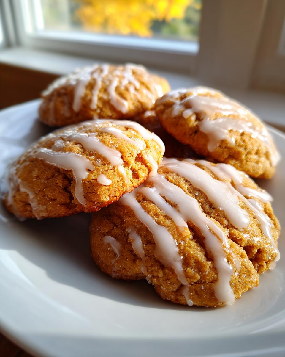 A stack of soft maple brown sugar cookies drizzled with white vanilla glaze on a white plate.