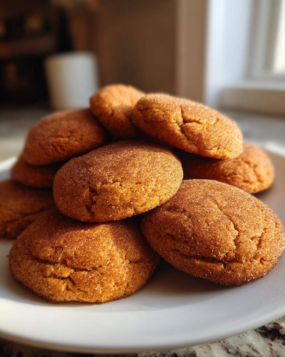 A stack of freshly baked pumpkin snickerdoodle cookies coated in cinnamon sugar, sitting on a white plate.
