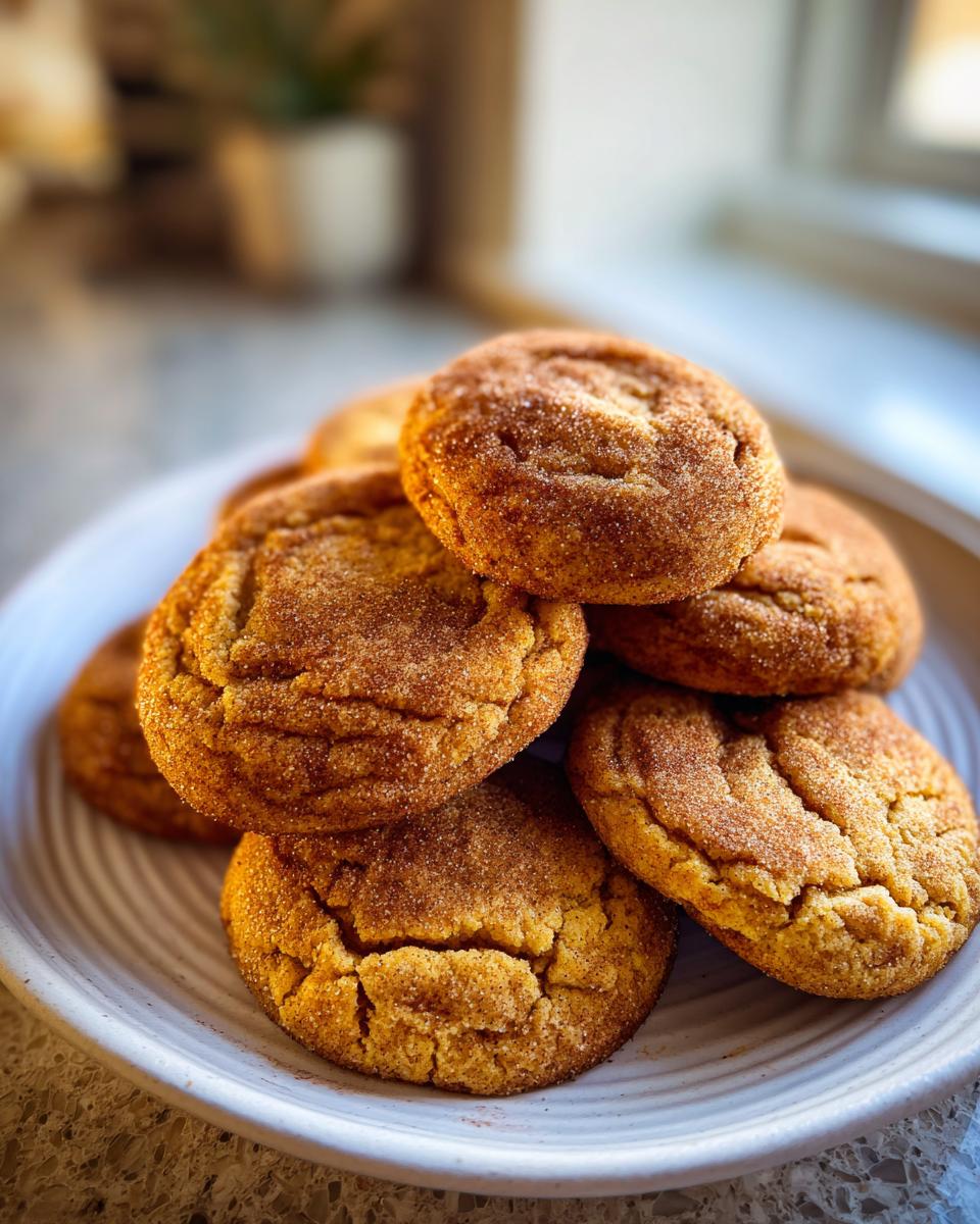 A close-up of several soft, thick pumpkin snickerdoodle cookies piled on a light-colored plate.