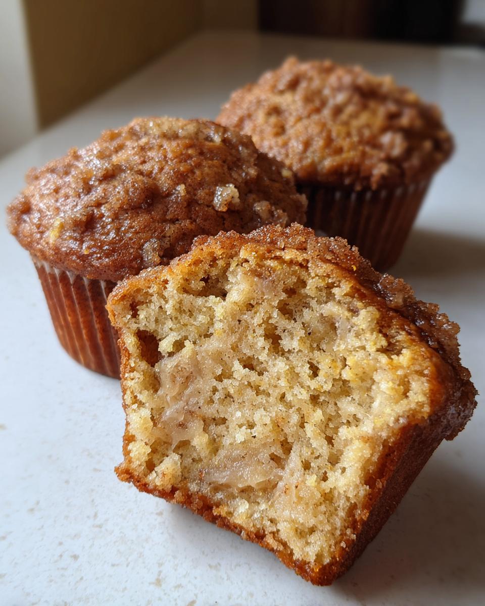 A sourdough discard banana muffin cut in half showing moist crumb texture and banana pieces, with two whole muffins behind it.