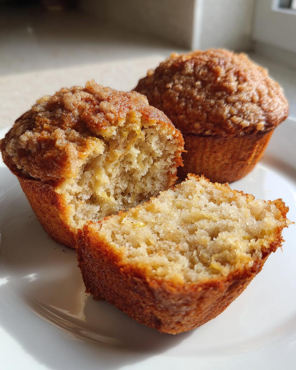 Close-up of a sourdough discard banana muffin broken open, showing its moist, fluffy texture and crumb topping.