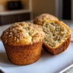 Close-up of two sourdough discard banana muffins, one cut in half showing the moist crumb and cinnamon streusel topping.