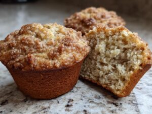 Close-up of two sourdough discard banana muffins, one cut in half showing the moist crumb and streusel topping.