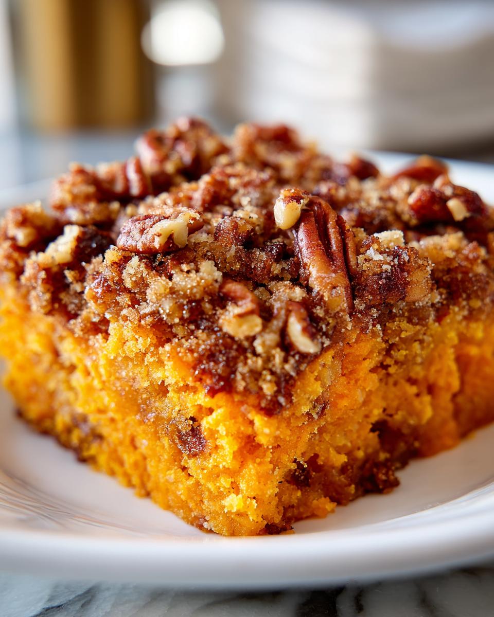 Close-up of a square slice of bright orange southern sweet potato casserole topped with a crunchy pecan streusel.