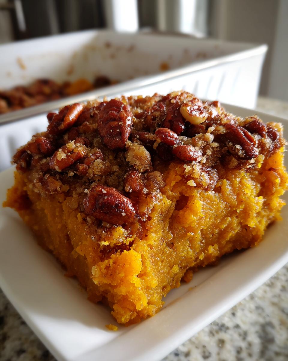 Close-up of a square slice of rich orange southern sweet potato casserole topped with crunchy pecans and brown sugar crumble.