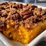 A close-up view of a serving of bright orange southern sweet potato casserole topped with a crunchy pecan and brown sugar streusel.