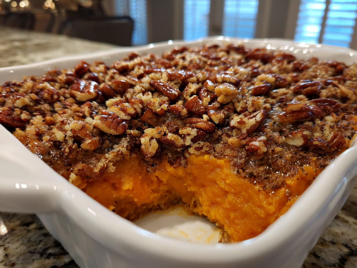 Close-up of a rich orange southern sweet potato casserole topped with a crunchy pecan streusel topping in a white baking dish.