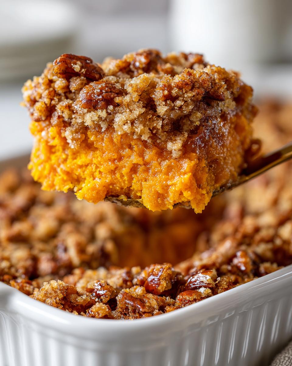 A spoonful of creamy southern sweet potato casserole topped with a crunchy pecan streusel being lifted from a white baking dish.