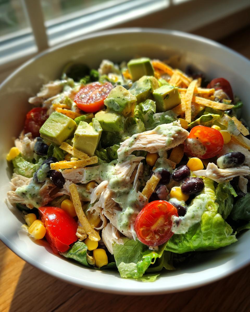 Close-up of a vibrant southwest salad bowl topped with shredded chicken, avocado, black beans, corn, and creamy dressing.