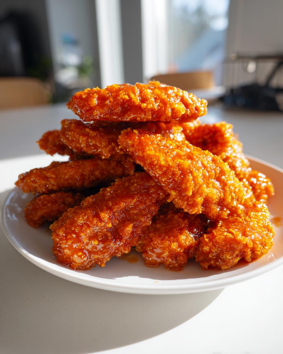 A tall stack of crispy, glazed hot honey chicken tenders piled high on a white plate.