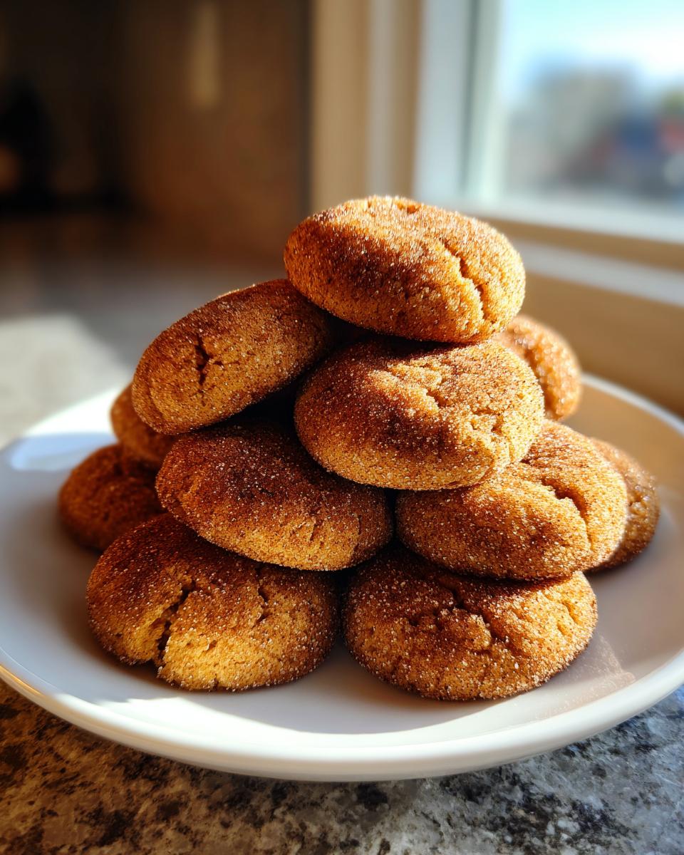 A tall stack of freshly baked pumpkin snickerdoodle cookies coated in cinnamon sugar, resting on a white plate.