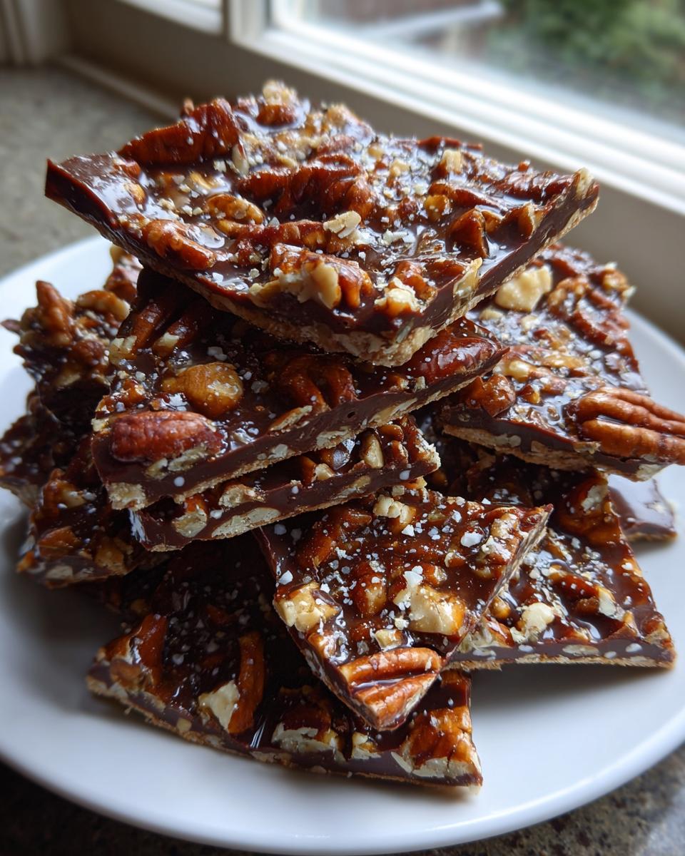 A stack of broken pieces of rich, dark Pecan Pie Bark topped with glazed pecans and sea salt.