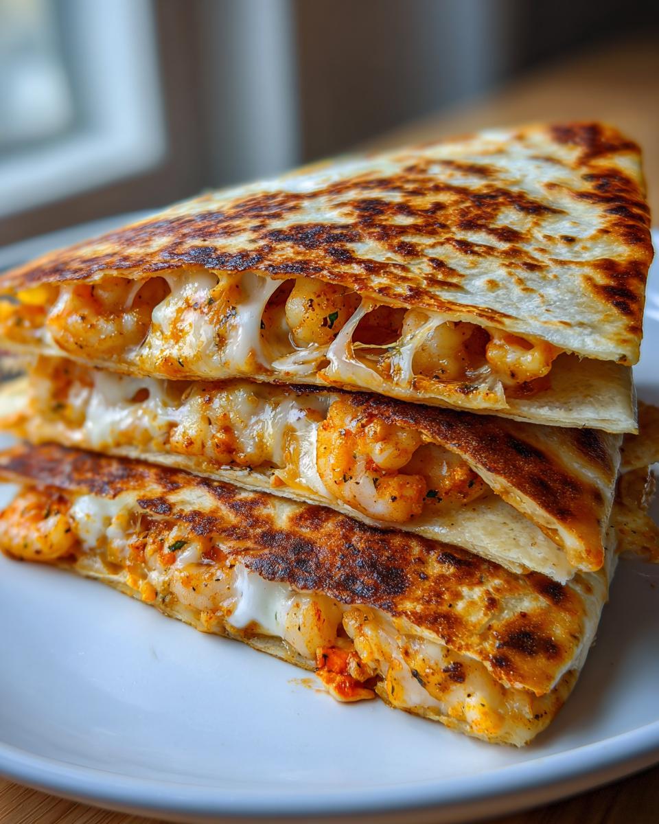 Close-up of stacked, grilled shrimp quesadilla wedges showing melted cheese stretching between layers filled with seasoned shrimp.
