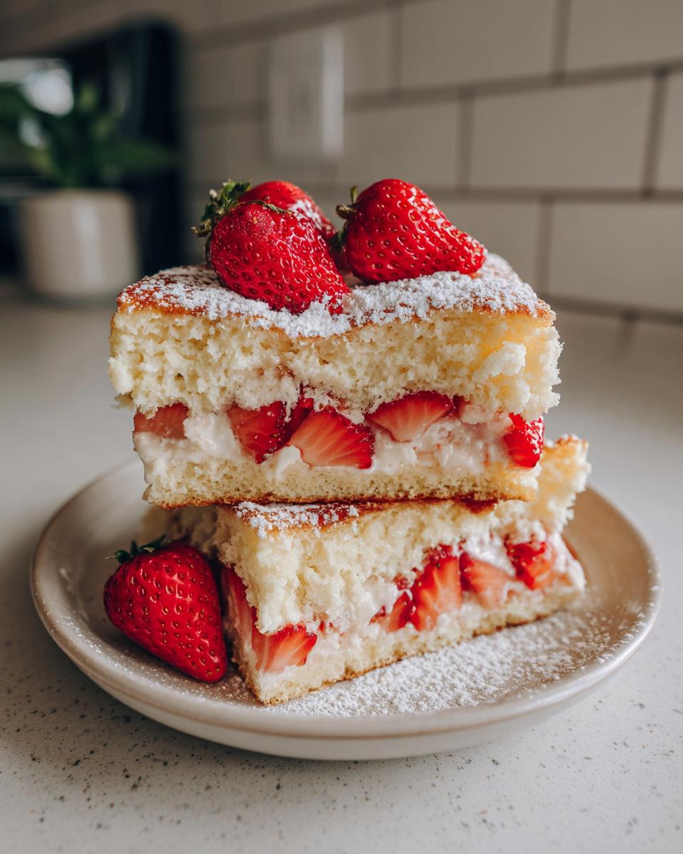 Two stacked slices of fluffy strawberry pancakes layered with cream and fresh strawberries, dusted with powdered sugar.