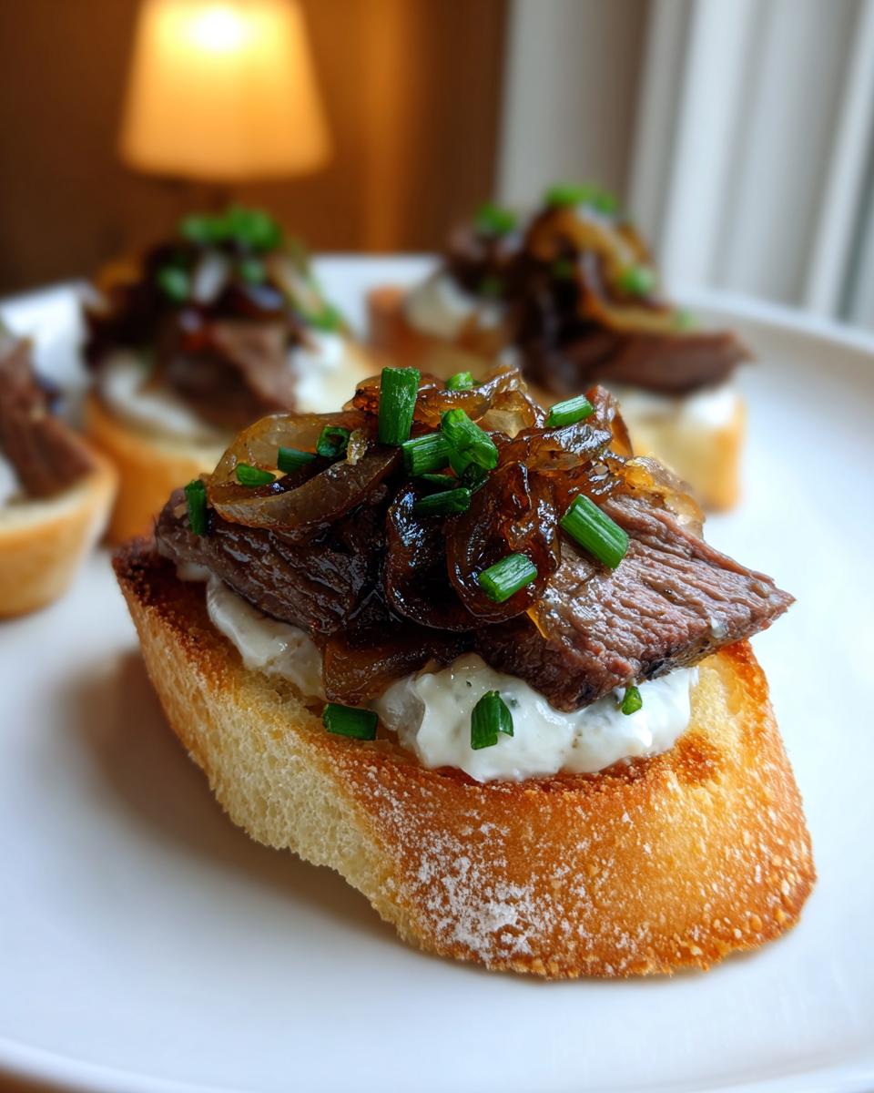 Close-up of a single steak crostini topped with creamy cheese, sliced steak, caramelized onions, and chives.