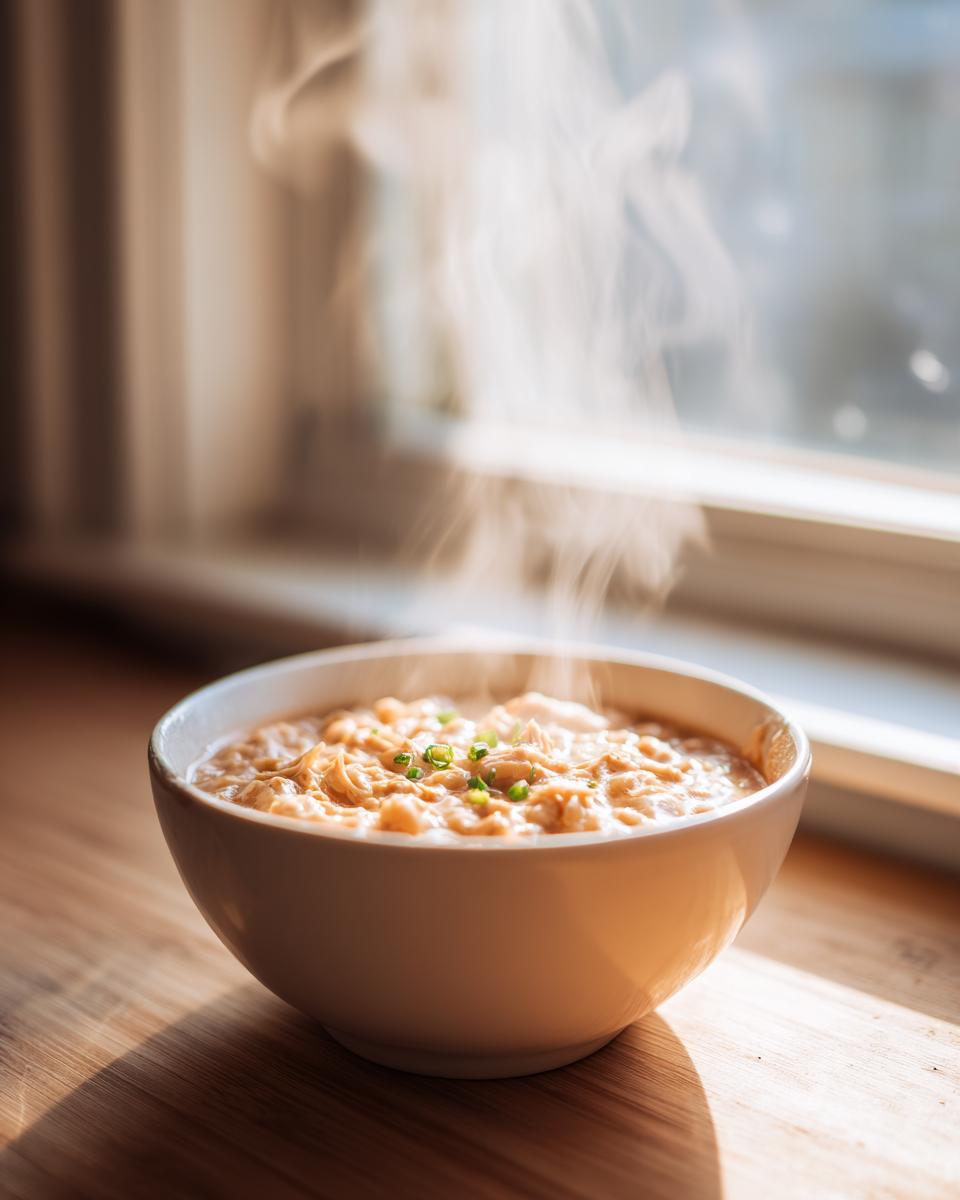 A steaming white bowl of creamy chicken chili garnished with green onions sits on a wooden surface near a window.