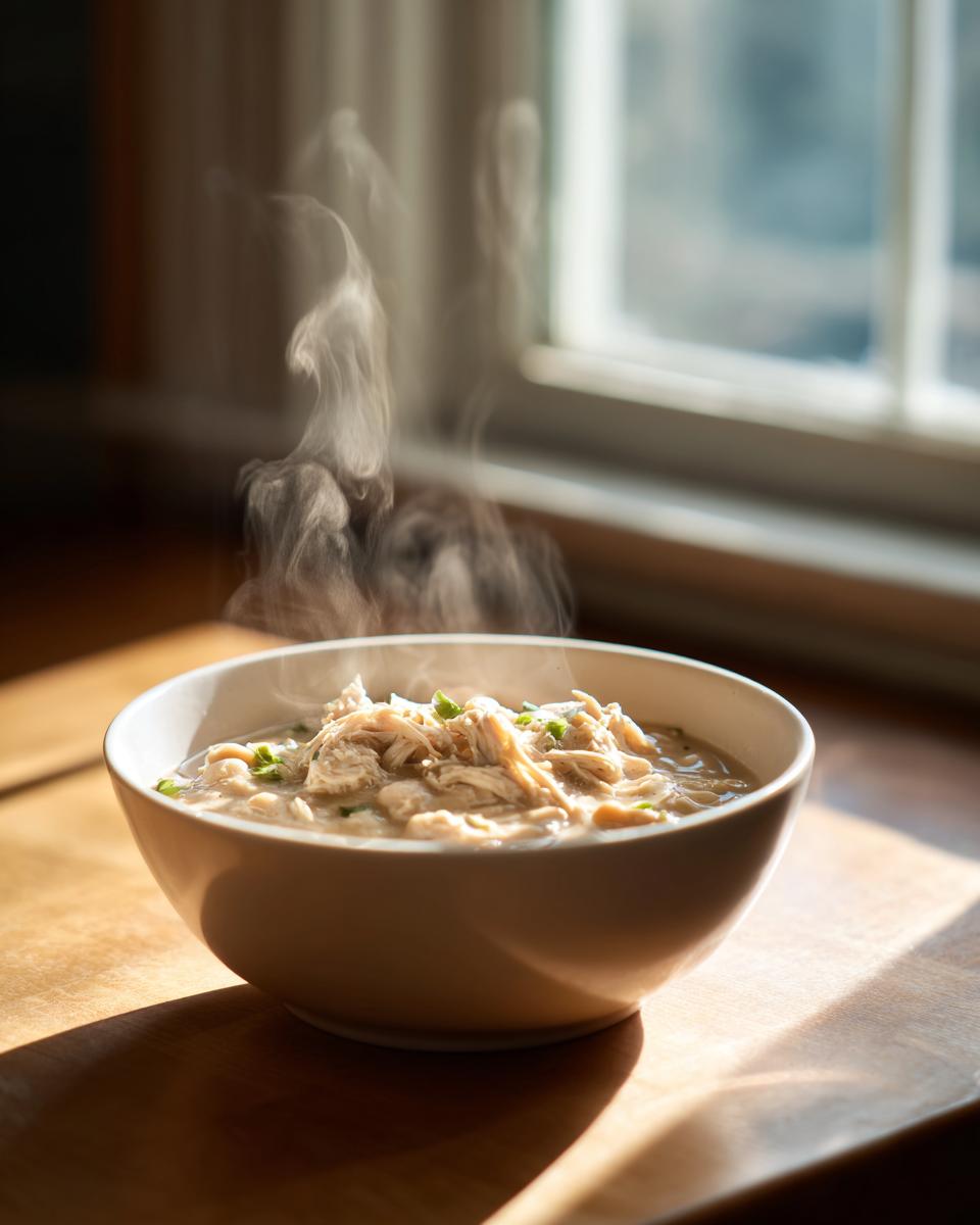 A steaming white bowl filled with shredded chicken chili, garnished with green onions, sitting on a wooden surface near a window.