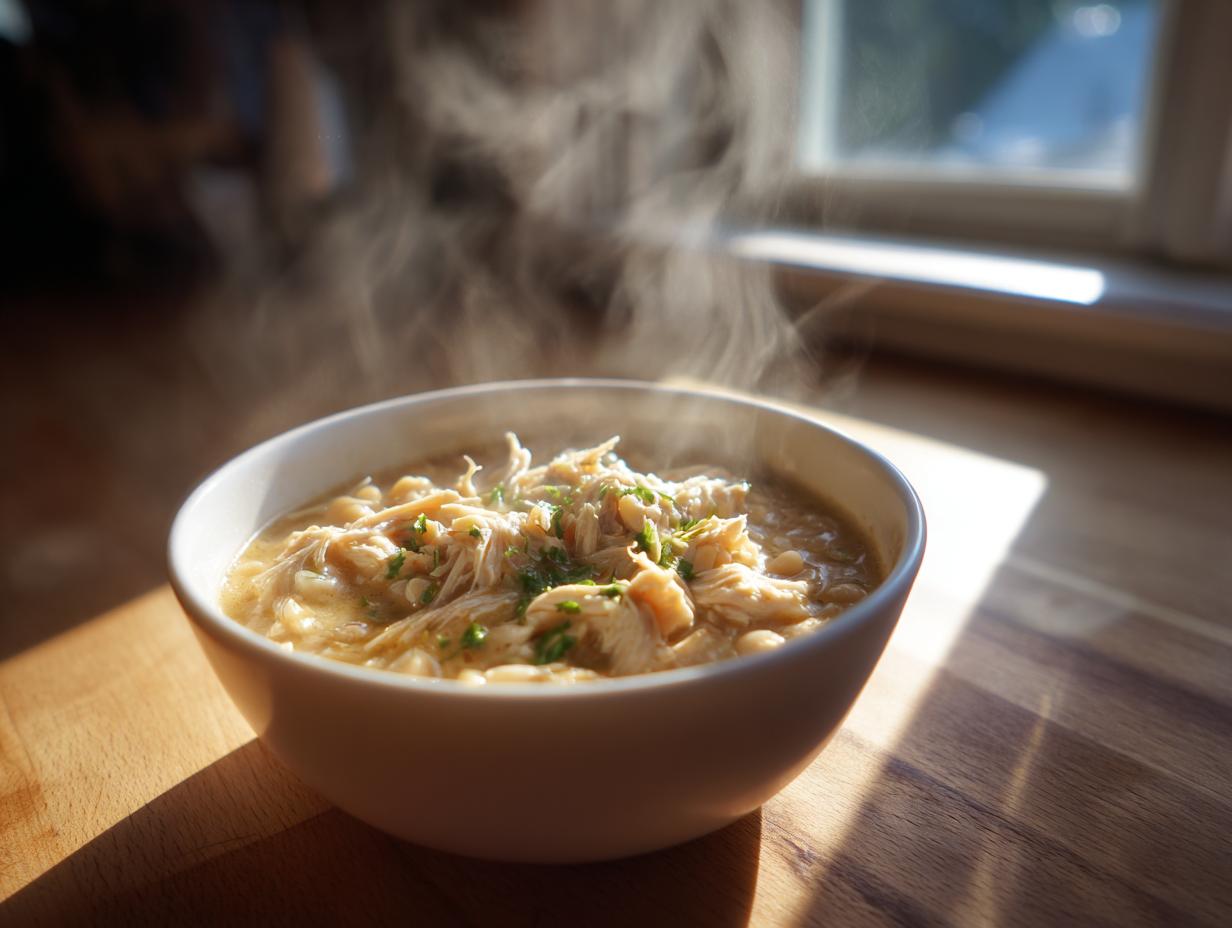 A steaming white bowl filled with shredded chicken chili, garnished with herbs, sitting on a wooden surface near a window.
