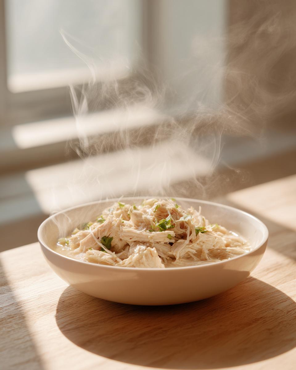 A steaming bowl of shredded chicken chili topped with fresh herbs, sitting on a sunlit wooden table.