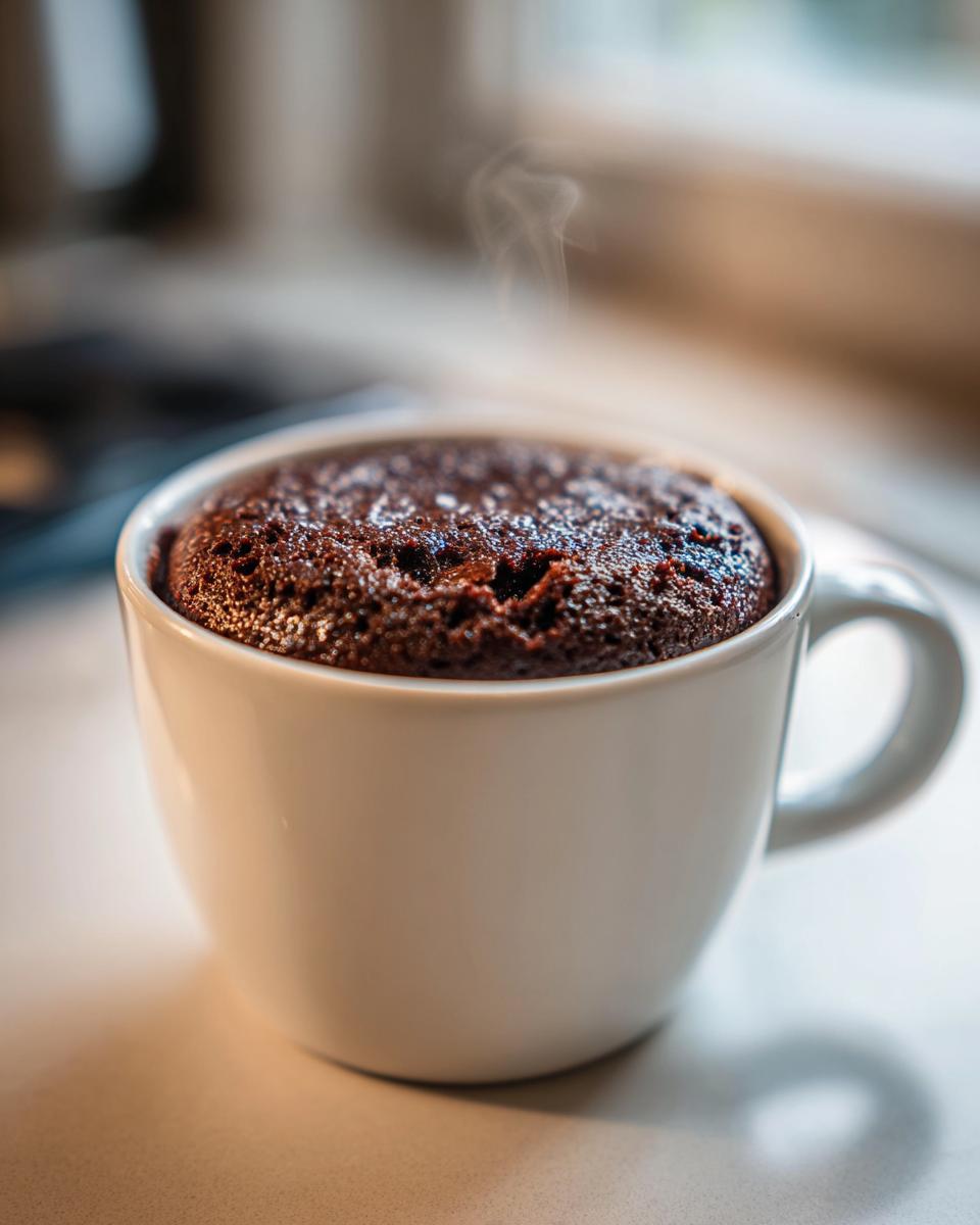 Close-up of a steaming, rich brown Cottage Cheese Microwave Brownie baked perfectly inside a white ceramic mug.