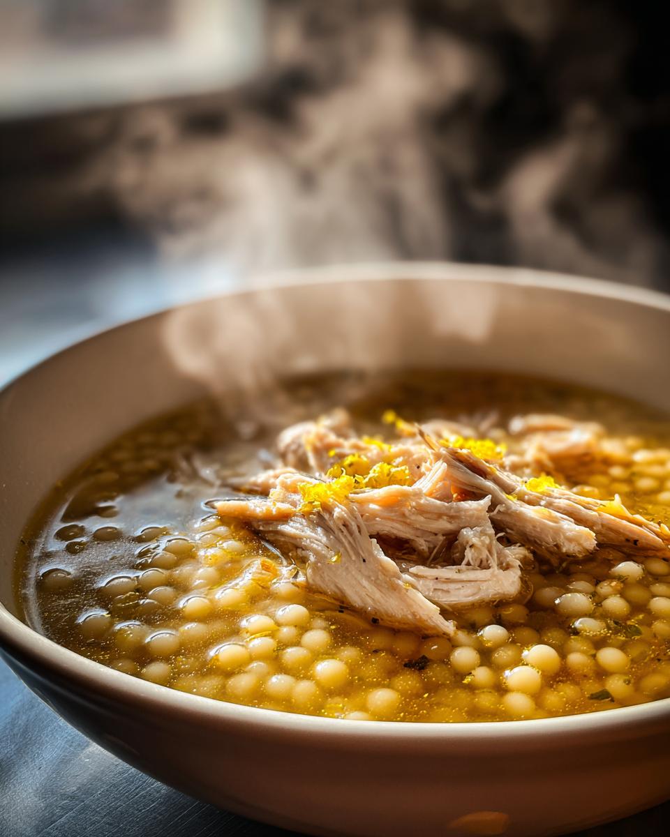 Close-up of a steaming bowl of penicillin soup featuring Israeli couscous, shredded chicken, and lemon zest.