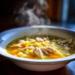 Close-up of a steaming white bowl filled with yellow broth, shredded chicken, small pasta, and carrots, representing penicillin soup.