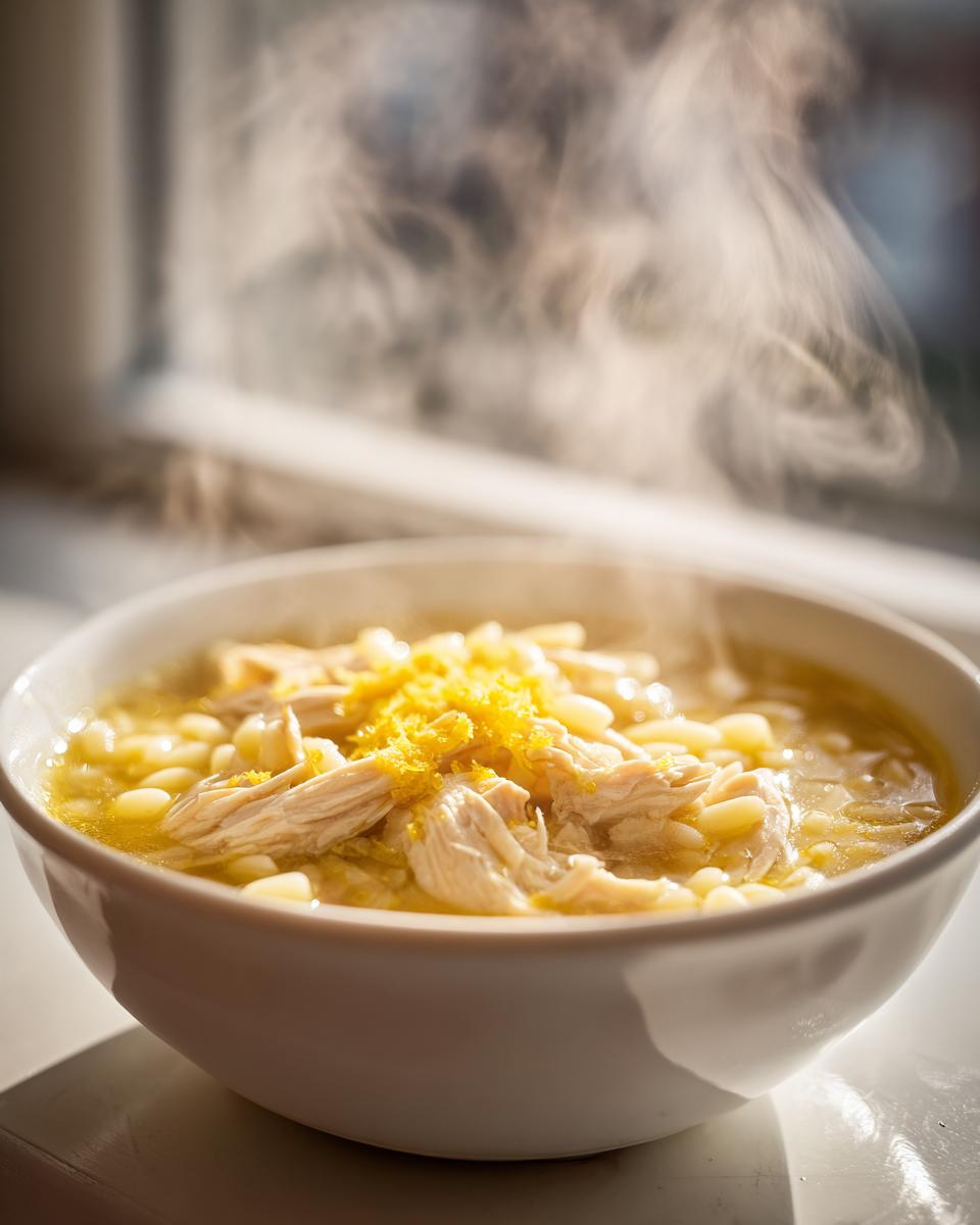 A steaming white bowl filled with penicillin soup, featuring shredded chicken, small pasta, and bright yellow lemon zest.