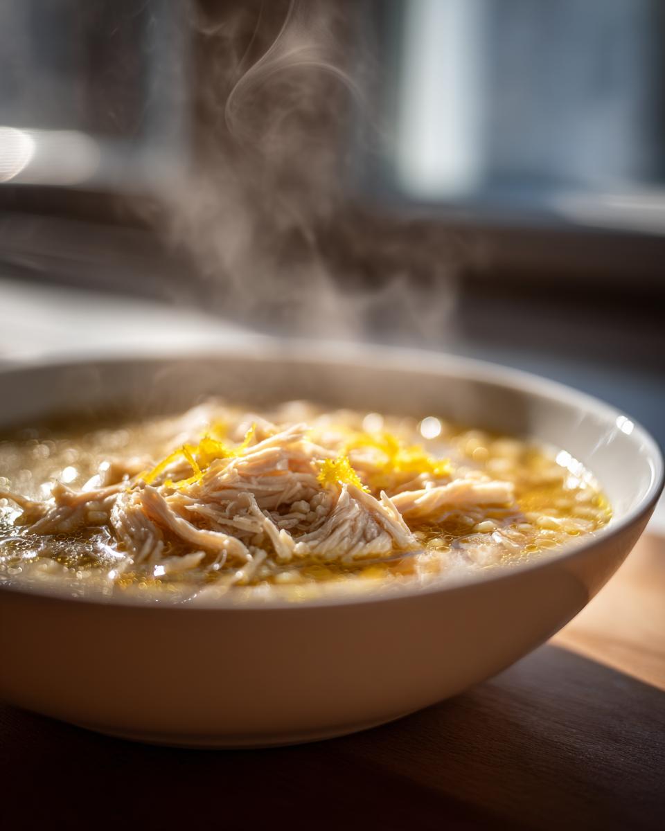 A close-up of a steaming bowl of penicillin soup, featuring shredded chicken and bright yellow zest.