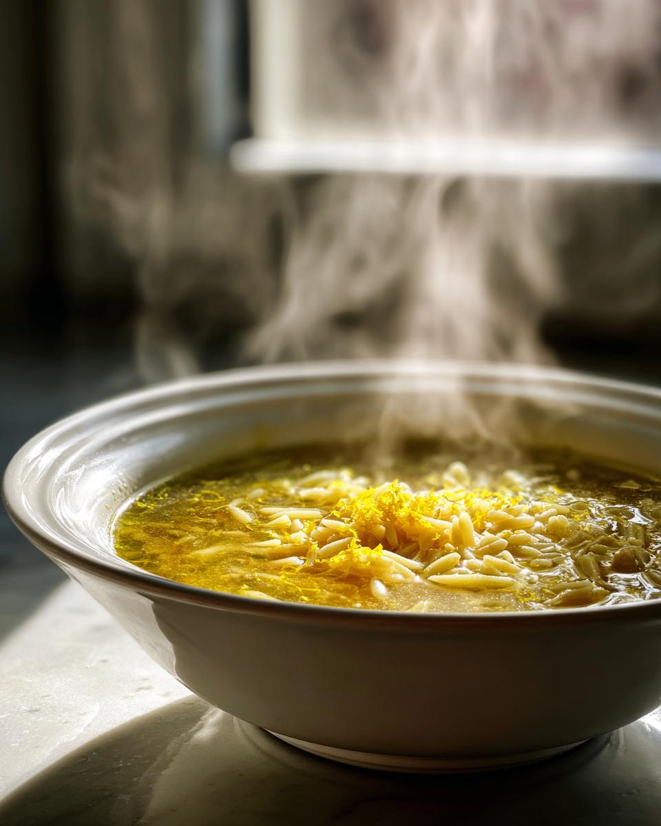 Close-up of a steaming white bowl filled with golden penicillin soup, featuring orzo pasta and lemon zest.
