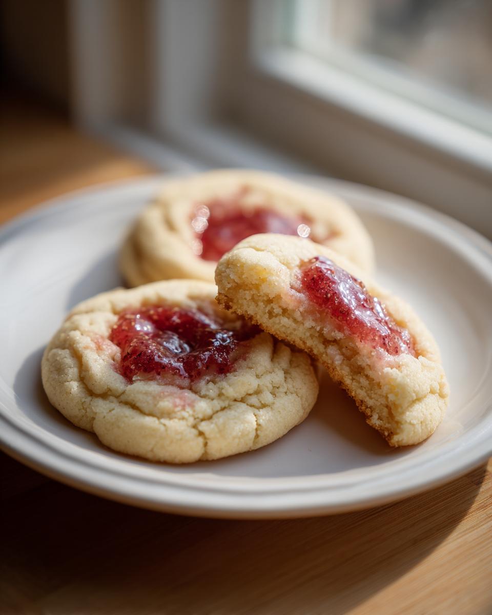 Three soft strawberry cheesecake cookies on a white plate, one broken in half showing the texture and strawberry jam center.