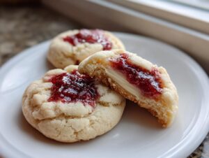 Three strawberry cheesecake cookies on a white plate, one is broken open showing creamy filling and strawberry jam topping.