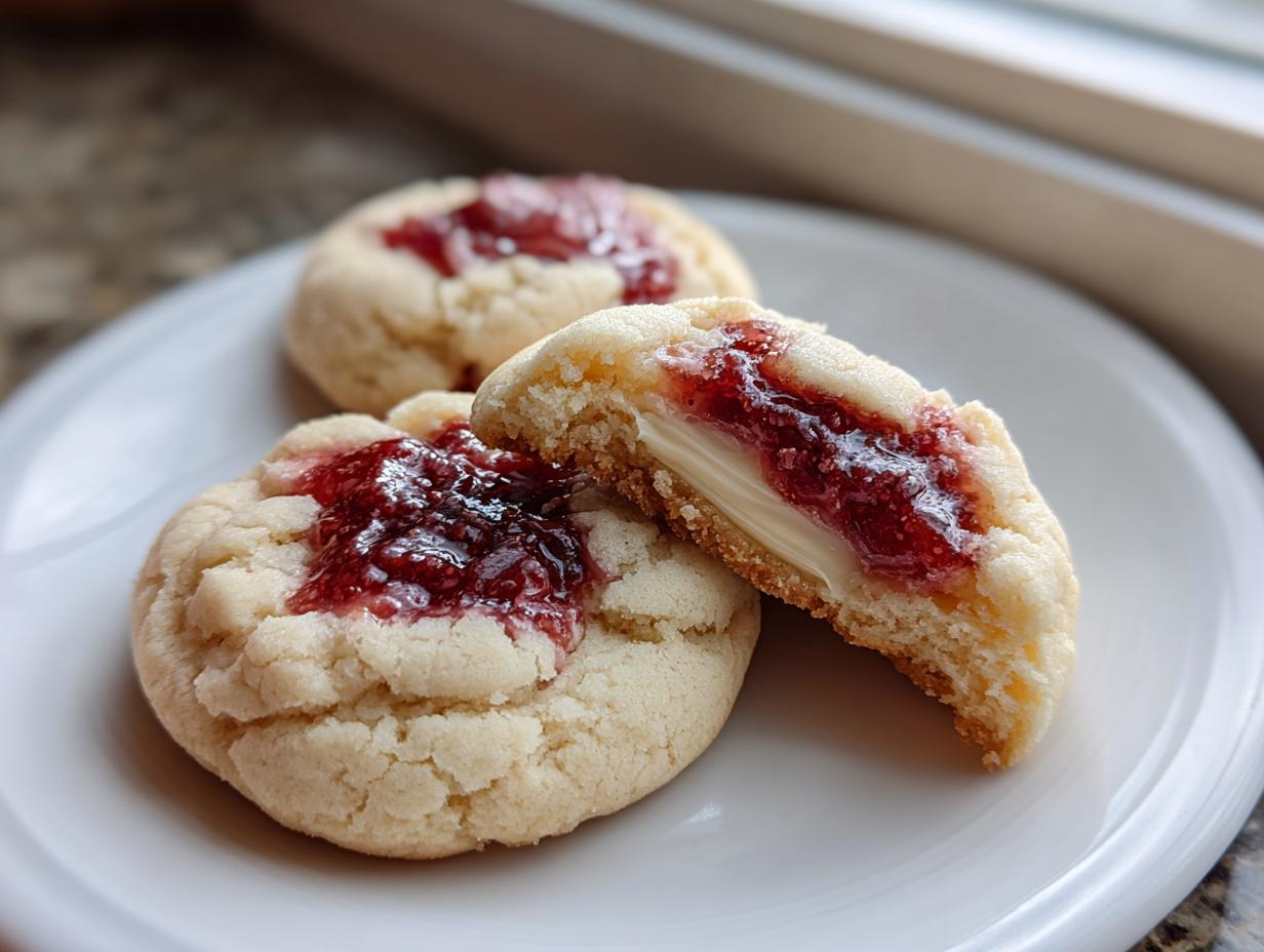 Three strawberry cheesecake cookies on a white plate, one is broken open showing creamy filling and strawberry jam topping.