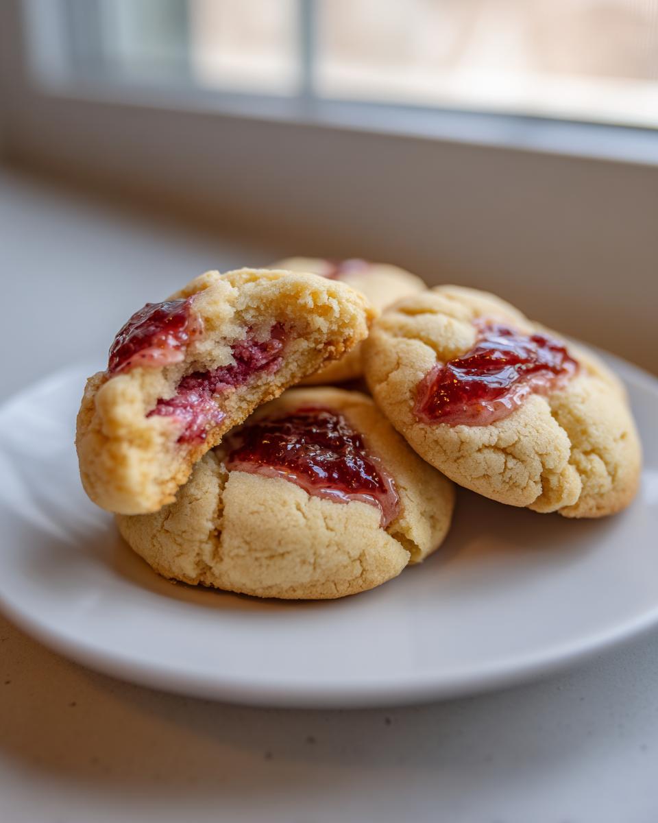 A stack of soft strawberry cheesecake cookies with jam filling, one cookie broken open to show the interior.
