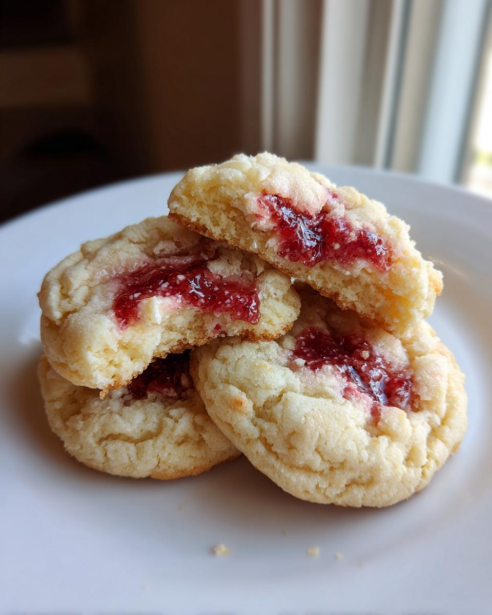 A stack of soft strawberry cheesecake cookies, one broken open to show the bright red jam filling inside.