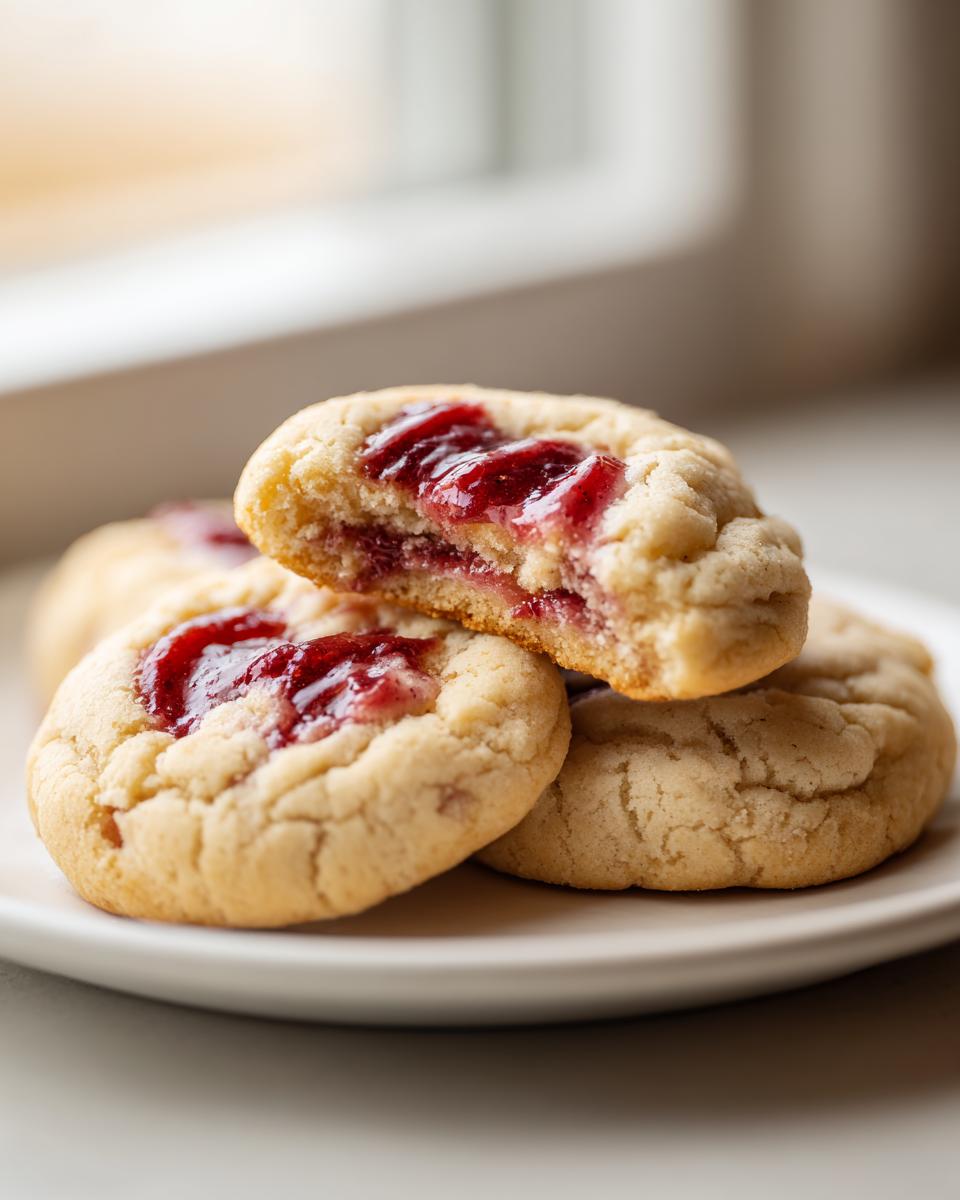 A stack of soft strawberry cheesecake cookies, one broken open to show the rich strawberry jam filling.