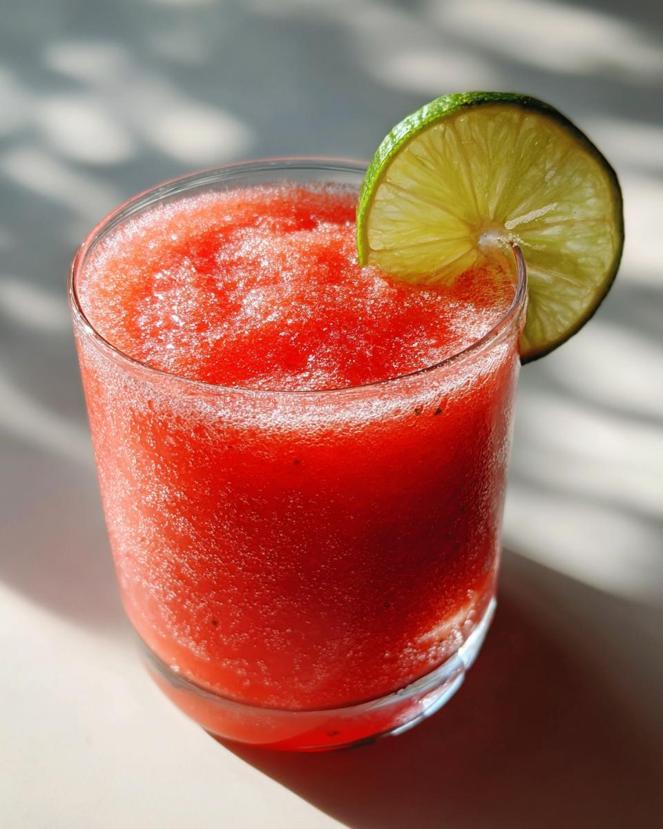 Close-up of a vibrant, icy strawberry daiquiri garnished with a fresh lime wheel.