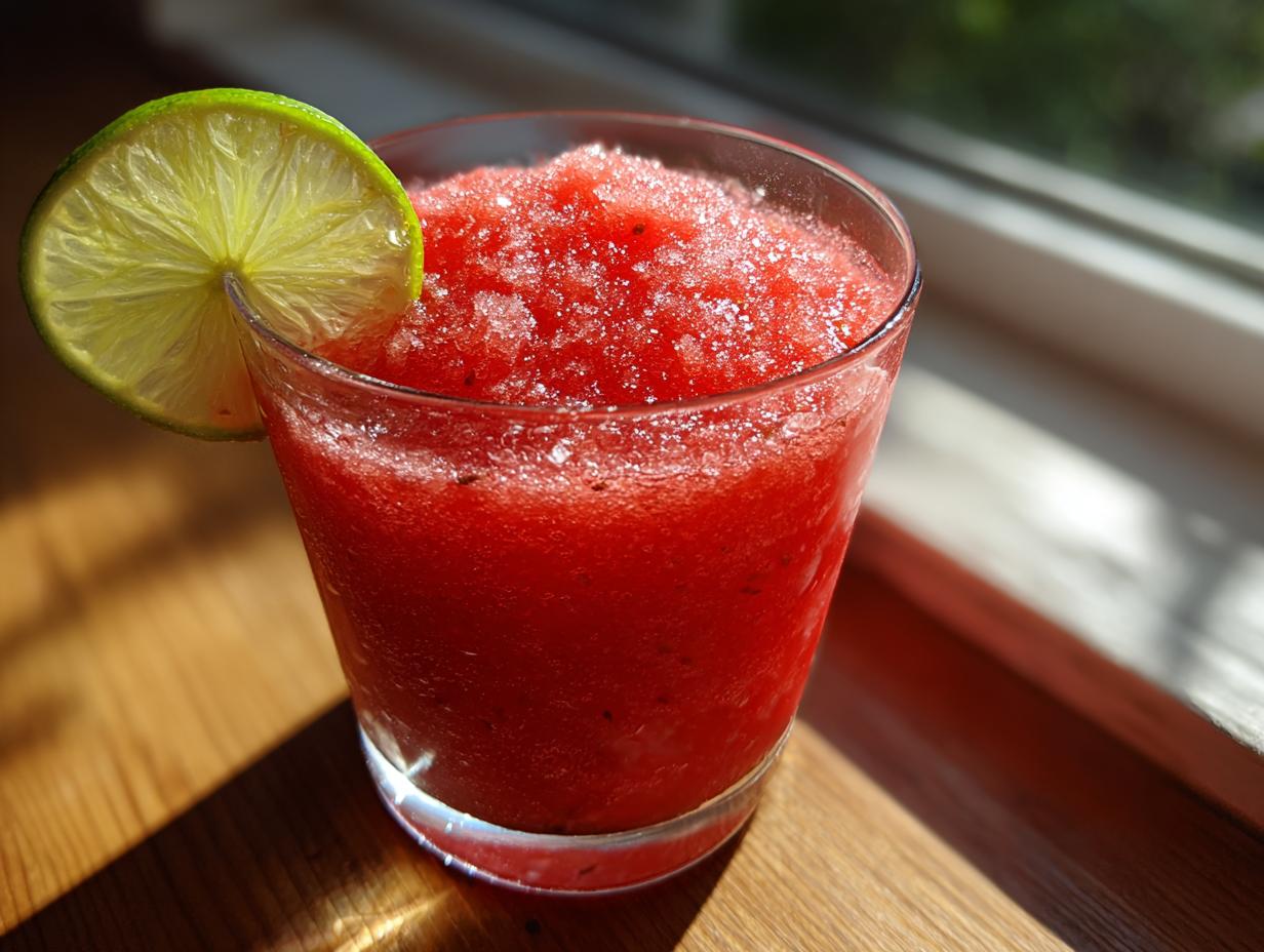 Close-up of a bright red, icy strawberry daiquiri garnished with a fresh lime wheel.