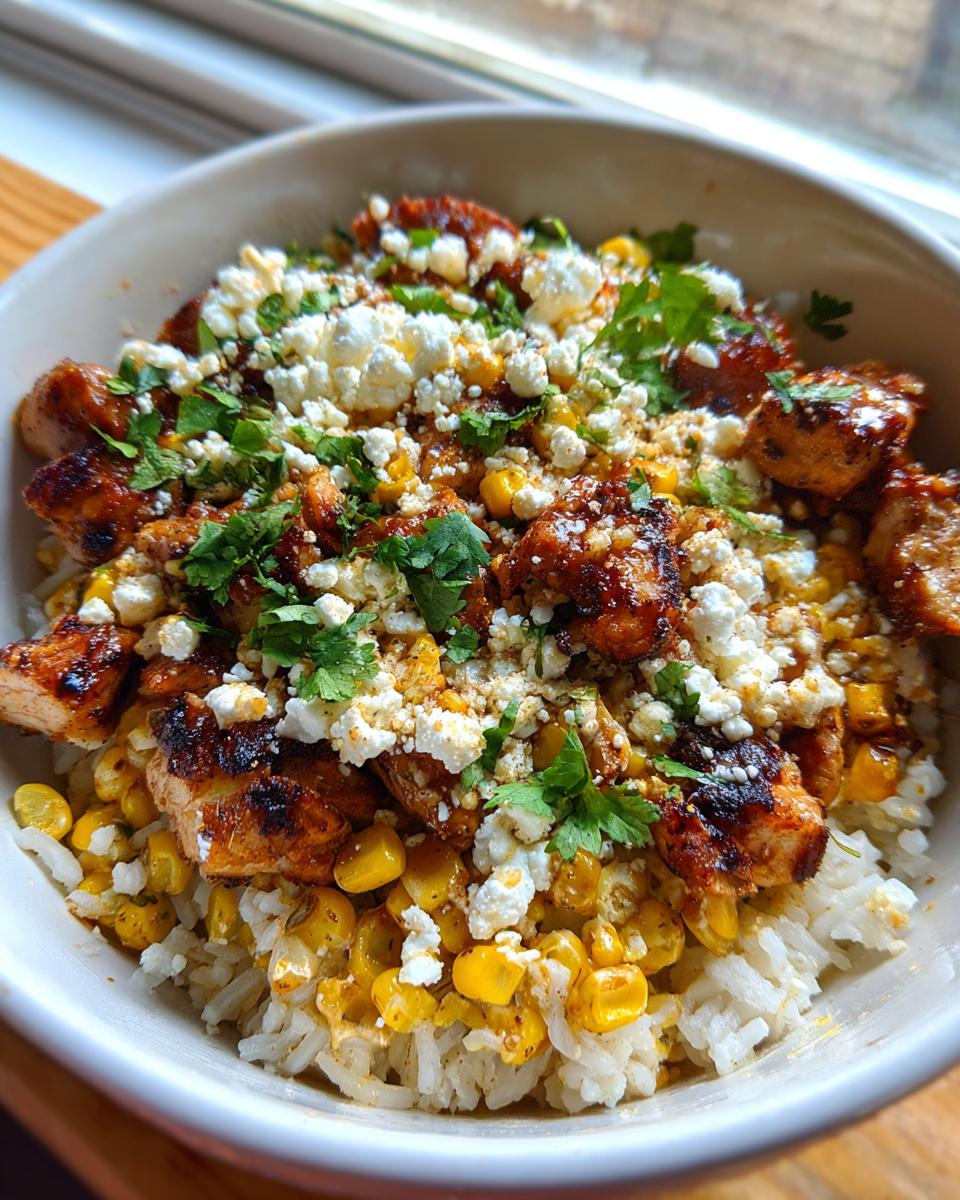 A close-up view of a street corn chicken rice bowl topped with grilled chicken, corn, cotija cheese, and cilantro.