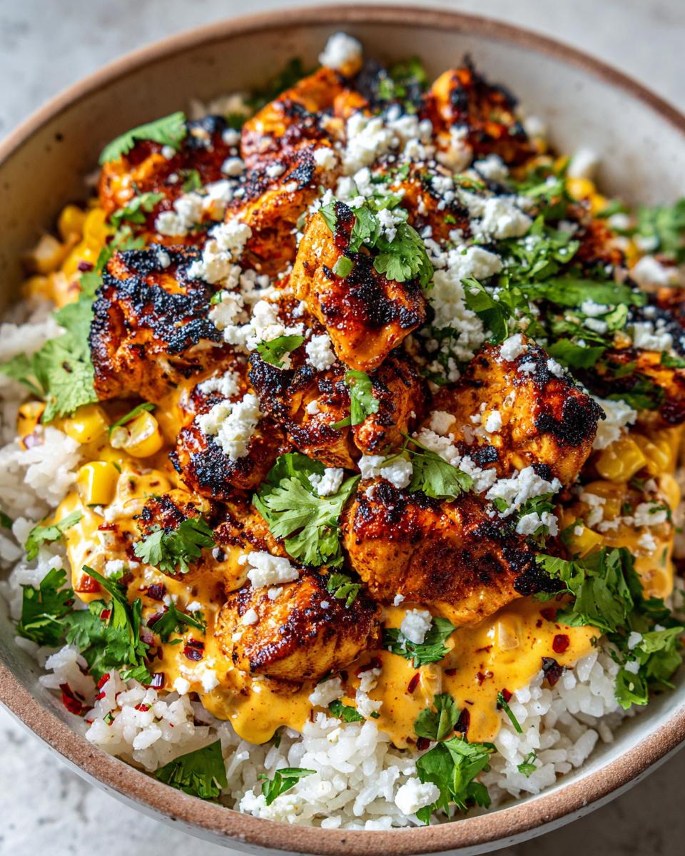 Close-up of a street corn chicken rice bowl featuring charred chicken pieces, creamy sauce, cotija cheese, and cilantro.