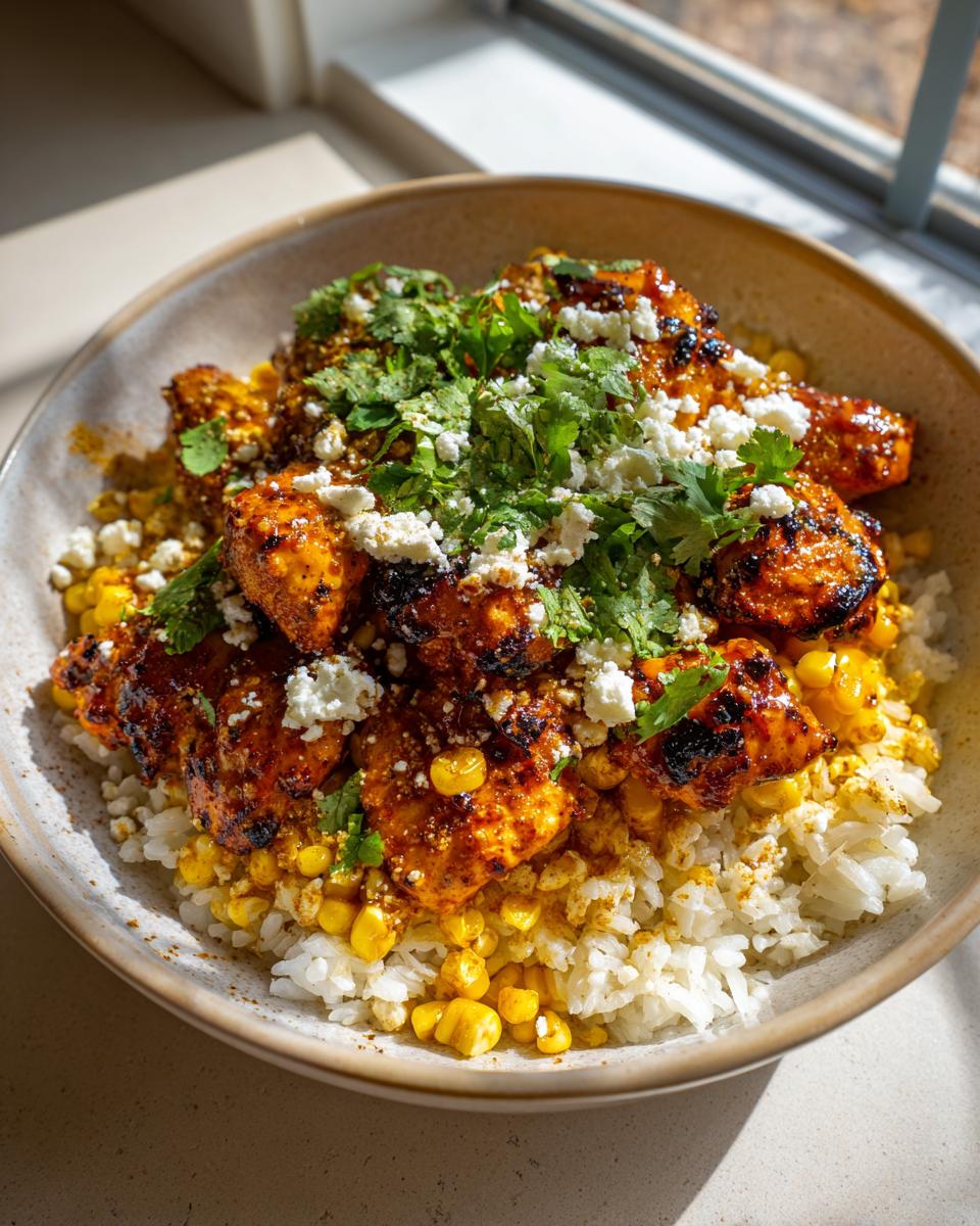 A close-up of a vibrant street corn chicken rice bowl topped with crumbled white cheese and fresh cilantro.