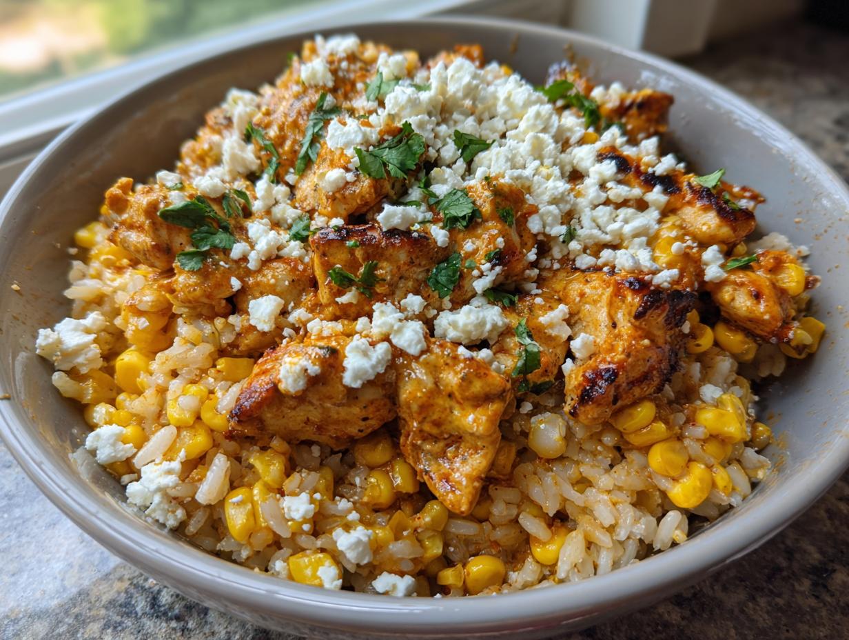 A vibrant street corn chicken rice bowl topped with crumbled white cheese and cilantro.