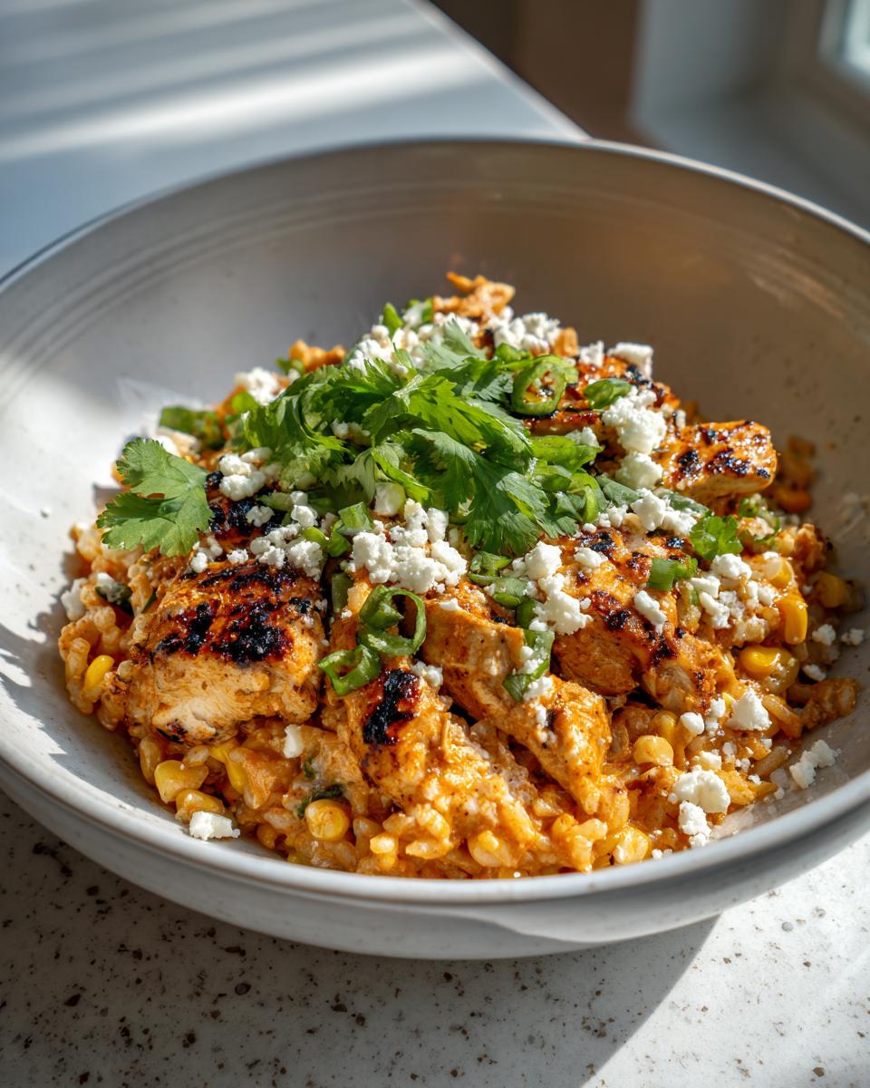 A vibrant street corn chicken rice bowl topped with grilled chicken, cotija cheese, cilantro, and green onions.