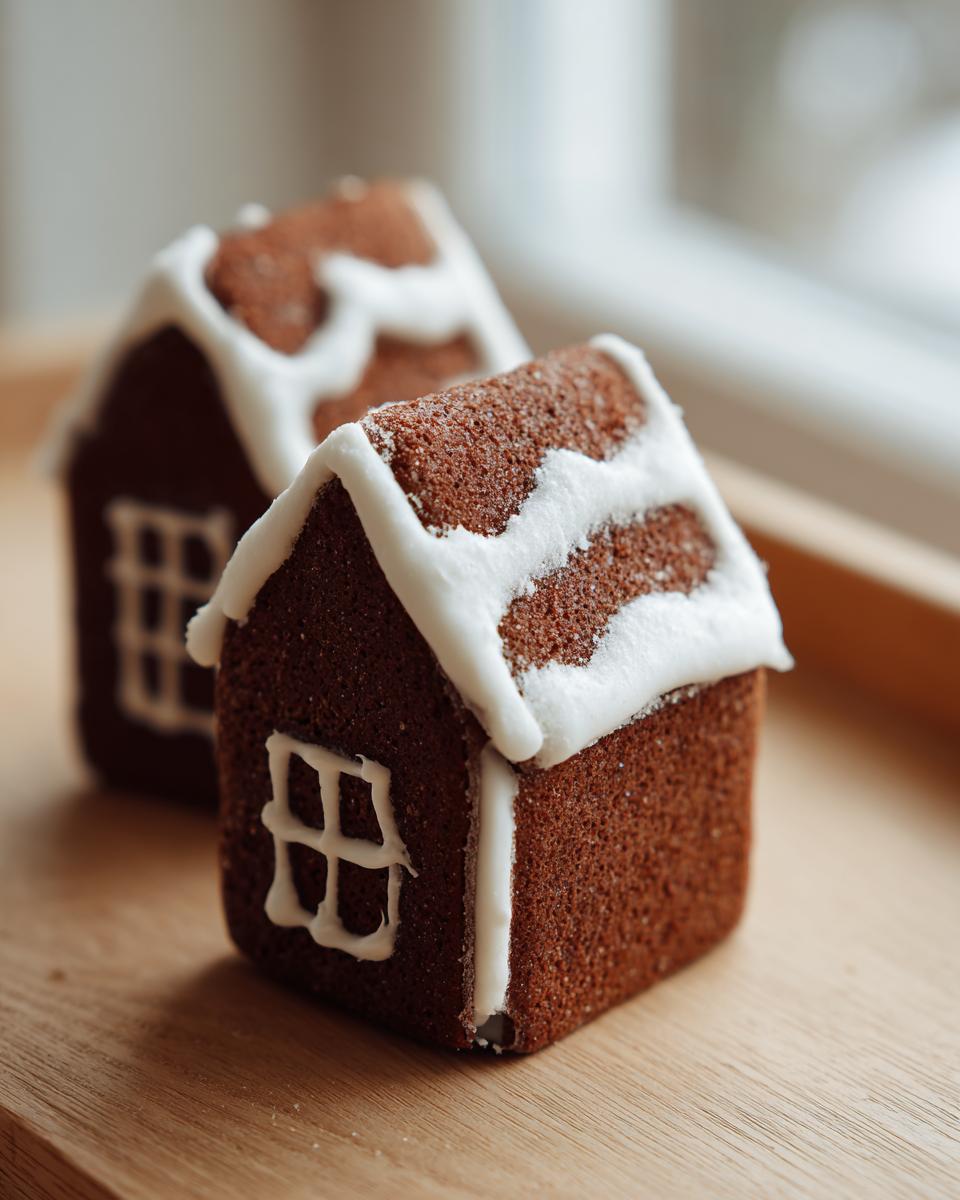 Close-up of a small, sturdy gingerbread house recipe miniature decorated with white royal icing snow on the roof and window outlines.