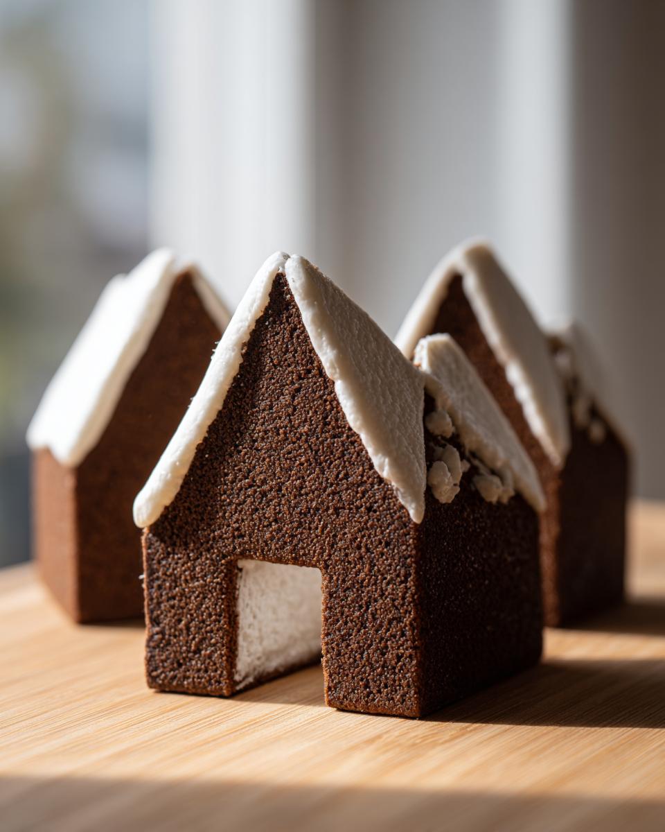 Three small, dark brown, sturdy gingerbread house components decorated with white icing roofs.