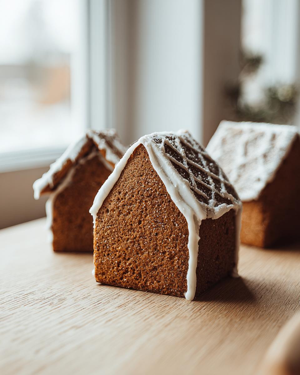 Close-up of three sturdy gingerbread house pieces decorated with white royal icing, ready for assembly using this gingerbread house recipe.