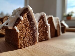 Close-up of sturdy gingerbread house recipe walls assembled and edged with white royal icing.