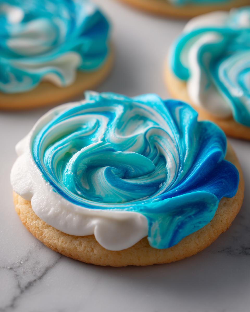 Close-up of a sugar cookie topped with vibrant blue and white swirled icing that hardens, showcasing a beautiful texture.