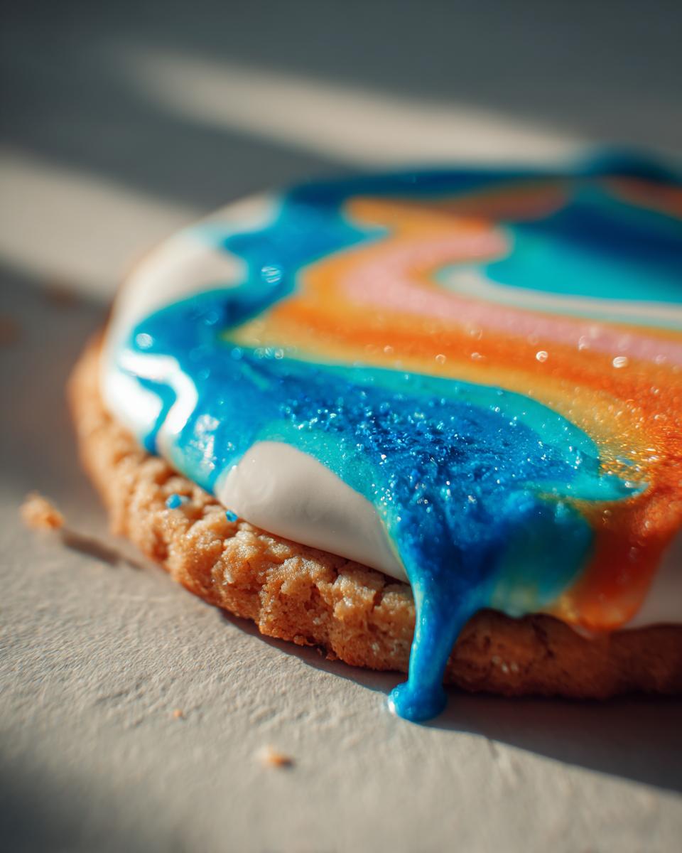 Close-up of a sugar cookie topped with white and brightly colored sugar cookie icing that hardens, featuring vibrant blue and orange swirls.